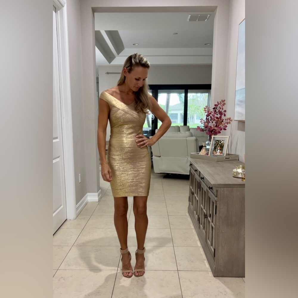 NET HERVE LEGER GOLD BONDAGE DRESS SMALL